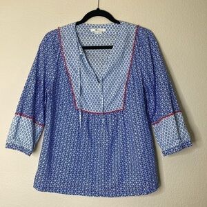 Boden blouse womens 8 eight blue white stars red Pom Pom ties EUC
